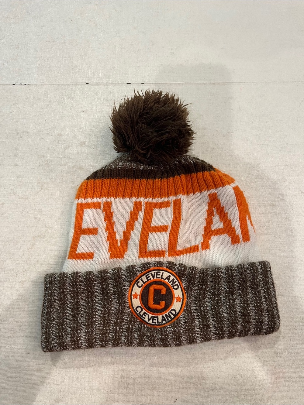 Vintage Cleveland Browns knit Orange, White & Brown Pom Beanie Hat.